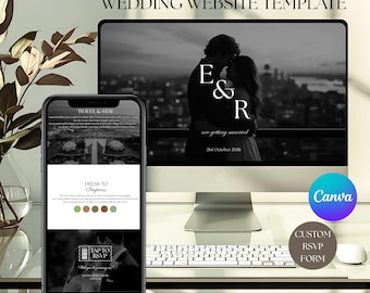 Minimalist Wedding Website Template Canva | Neutral Black & White Digital Wedding Invite With RSVP Google Form | Modern Editable Design