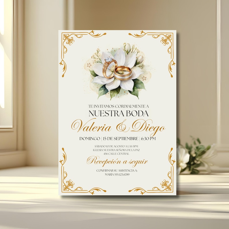 Puede incluir: Invitaci&oacute;n de boda con detalles dorados y dise&ntilde;o floral. La invitaci&oacute;n presenta los nombres "Valeria & Diego" y detalles del evento. El dise&ntilde;o incluye anillos dorados y texto en una fuente decorativa.