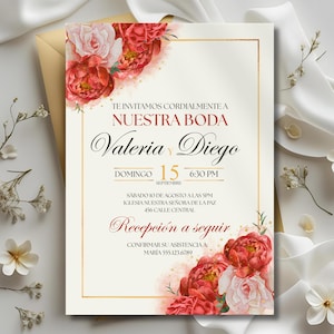 May include: Wedding invitation featuring the names Valeria and Diego, with floral accents in red and pink. The invitation includes the date, time, and location details, with a gold border and a cream background.