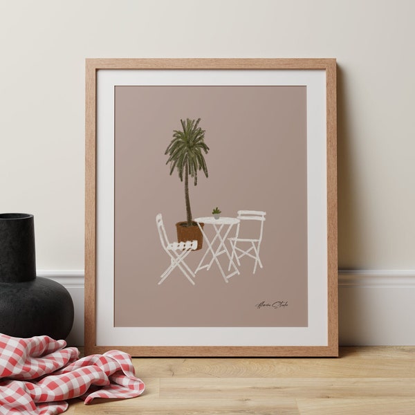 Chairs and palm tree printable. Printable wall art of outdoor chairs. Modern art of chairs in cafe, restaurant, garden.