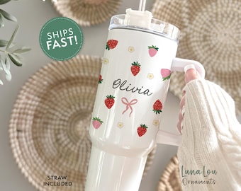 Personalized Strawberry Tumbler, 40oz Tumbler with Handle, Custom Strawberry Cup for Strawberry Lovers Summer Cup, Strawberry Tumbler Gift