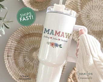 Personalized Mamaw Tumbler with Handle 40oz, Custom Mother's Day Gift for Mamaw, Cup with Grandkids Names, Mamaw Birthday Gift