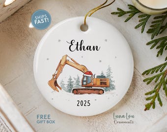 Personalized Construction Truck Ornament, Custom Boy's Christmas Gift with Name, Digger Truck Keepsake, Toddler Boy Stocking Stuffer