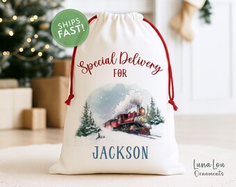 Personalized Christmas Train Bag, Special Delivery Santa Bag, Custom Name Present Bag, Holiday Express, Kids Christmas Gift Bag, Polar Train