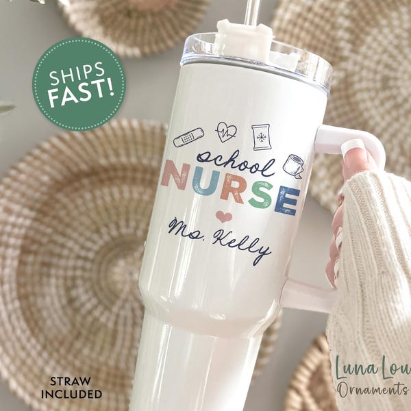 Personalized School Nurse Tumbler, 40oz Tumbler with Handle, Custom Name Tumbler for School Nurse Gift, School Nurse Appreciation Gift