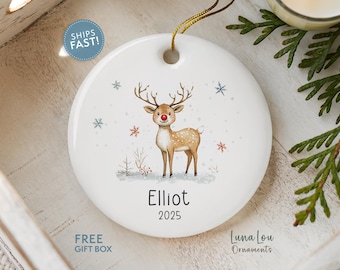 Personalized Reindeer Christmas Ornament, Custom Rudolph Ornament, Child's Name Deer Ornament for Boy Girl, Woodland Animal Keepsake
