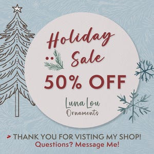 May include: A holiday sale advertisement with a light blue background and a repeating pattern. A circular graphic in the center reads "Holiday Sale 50% OFF" in burgundy. A line drawing of a Christmas tree and snowflakes are also present.