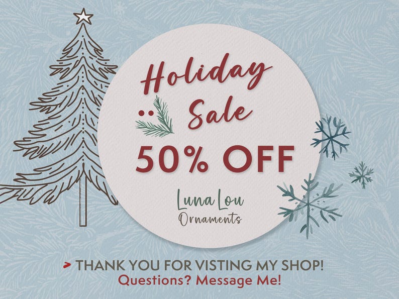 May include: A holiday sale advertisement with a light blue background and a repeating pattern. A circular graphic in the center reads "Holiday Sale 50% OFF" in burgundy. A line drawing of a Christmas tree and snowflakes are also present.