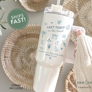Custom Beach Bachelorette Tumbler with Handle, 40oz Last Toast on the Coast, Personalized Tropical Location Bachelorette with Names