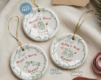 Personalized Engaged Ornament, Custom Names & Date, Our First Christmas Engaged, Hand-Drawn Whimsical Styles, Fiance Gift, Proposal Keepsake