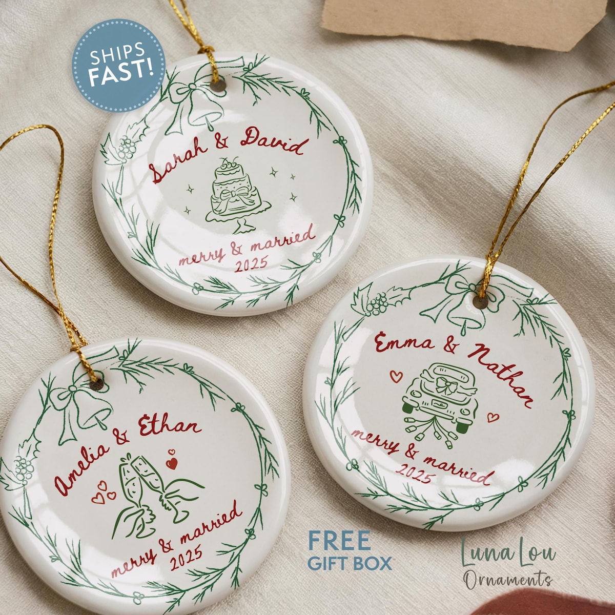 Personalized Married Ornament, Merry & Married, Our First Christmas Married Custom Names, Whimsical Styles, Newlywed Gift - Etsy