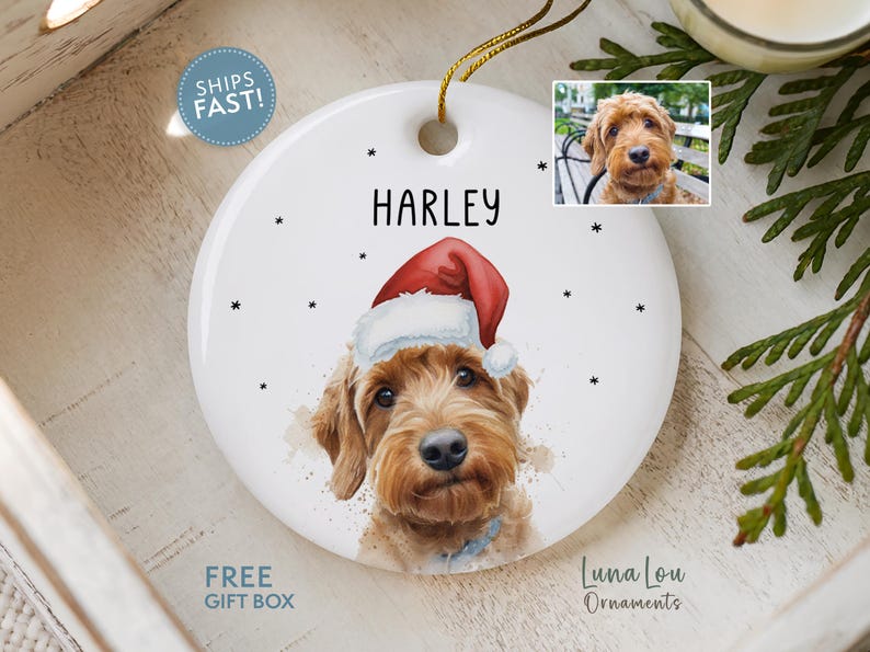 May include: A round white ceramic ornament featuring a watercolor-style illustration of a golden-brown dog wearing a red Santa hat. The name HARLEY is printed in black above the dog. A small rectangular photo of the dog is inset at the top right.