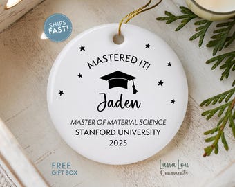 Personalized Master's Degree Ornament, Mastered It! Graduation Gift, Custom Name, School, MS, MBA Degree Keepsake, Class of 2025 Gift