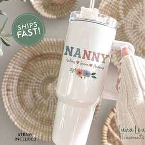 Personalized Nanny Tumbler with Handle 40oz, Custom Mothers Day Gift for Nanny, Cup with Kids Names, Nanny Birthday Gift