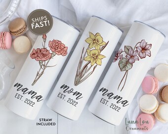 Mama Birth Flower Tumbler, Personalized Mom Travel Mug, Custom Mothers Day Gift for Mama, Mom Birthday Tumbler