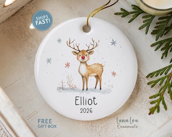 Personalized Reindeer Christmas Ornament, Custom Rudolph Ornament, Child's Name Deer Ornament for Boy Girl, Woodland Animal Keepsake