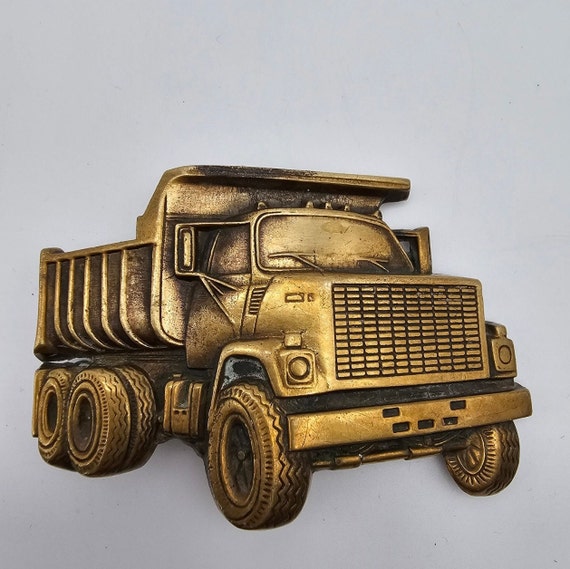 Vintage Solid Brass Baron Belt Buckle, Dump Truck… - image 1