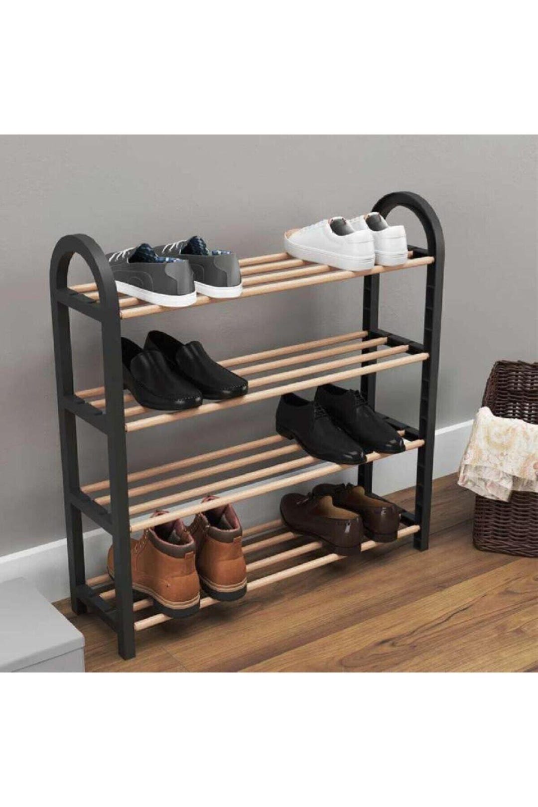Wooden Rod Shoe Rack | Retro & Modern Design | Black Color | Spacious ...