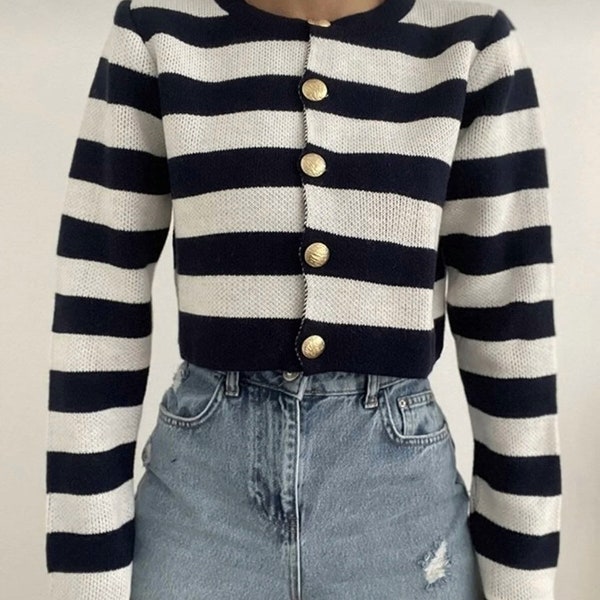 Elevate Style and Comfort with Striped Knit Short Cardigans"