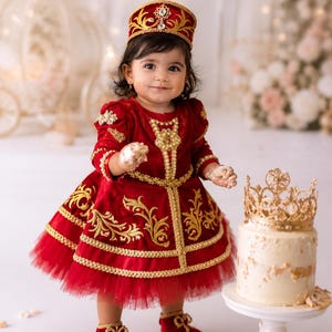 red and gold infant dress Charlotte burgundy girl gown