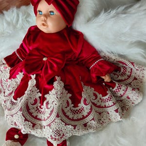 Luxury Burgundy Velvet Baby Girl Dress - 6 Month Birthday Outfit - Handmade Elegant Lace Party Dress - Baby Shower Gift