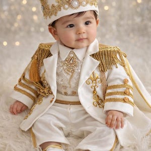 May include: A baby in a white and gold prince outfit. The outfit features a jacket with gold trim and epaulettes, matching trousers, and a feathered crown. The ensemble is decorated with detailed gold embellishments and trim.