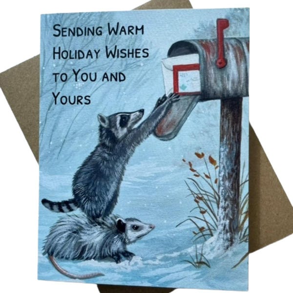 Raccoon & Opossum Holiday Greetings Card | Single or Boxed Set of 4, 8 or 20