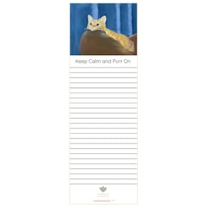 May include: A notepad with a painting of an orange tabby cat resting on a brown surface, set against a blue backdrop. The text "Keep Calm and Purr On" is printed above the lined paper.