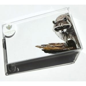 May include: A clear acrylic box containing stationery featuring a detailed illustration of a raccoon perched on a dark brown log. A circular white sticker with the text Forever Caroline is attached to the top left corner of the clear lid.