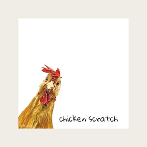 May include: A watercolor illustration of a chicken with a red comb and wattle, looking directly at the viewer. The text "chicken scratch" is written in a handwritten font. The chicken is a warm brown color.