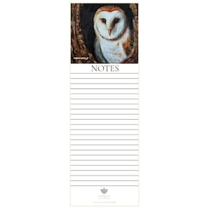 May include: A notepad featuring a detailed painting of a barn owl perched in a tree hollow. The owl has a white face and chest with brown and tan markings. The word "NOTES" is printed above the lined paper.