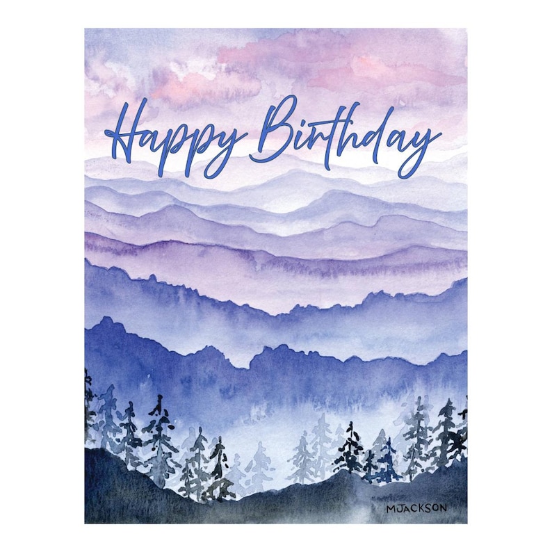 Watercolor Mountain Landscape Happy Birthday Card | Single Card or ...