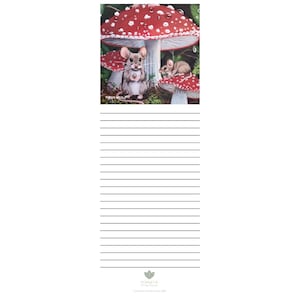 Magnetic Notepad w/ Mice & Red Toadstool Artwork | Cute Mouse Memo Pad