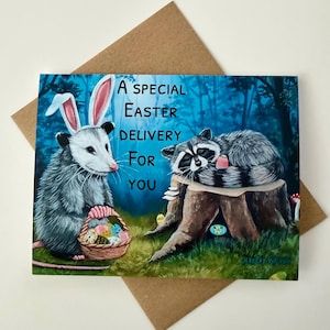 Opossum Bunny & Raccoon Easter Greeting Card | Single or Boxed Set of 4, 8 or 20