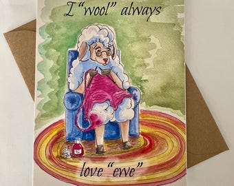 Knitting Sheep “I Wool Always Love Ewe” Card for Knitters and Yarn Enthusiasts | Single Card or 4, 8 or 20-Card Sets