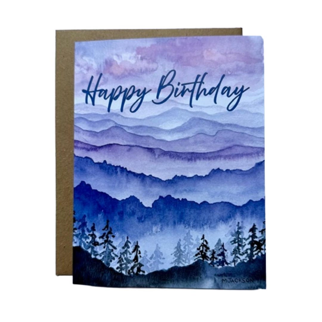 Watercolor Mountain Landscape Happy Birthday Card | Single Card or ...