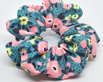 REGULAR Size Green Floral Scrunchie Vintage Style Hair Tie Fluffy Pink Flower Boho Hair Accessory Cute Summer Everyday