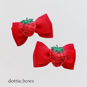 Set of 2 Strawberry Hair Bow Clips | Handmade Red Grosgrain Bows | Summer Hair Accessories for Girls | Toddler Hair Clips | Gift Idea