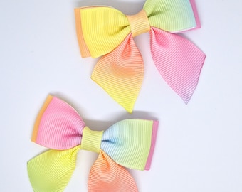 Set of 2 Small Rainbow Hair Bow Clips with Tails, Girls Hair Bows, Kids Colourful Hair Accessories, Toddler Pigtail Bows UK