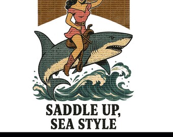 Western Summer pin-up cowgirl op haai png-afbeelding digitale download voor sublimatie of dtf