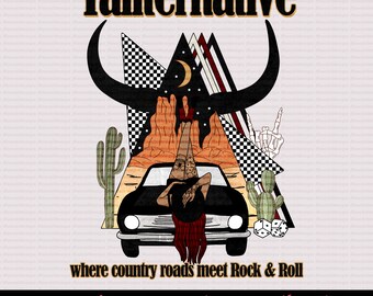 May include: A digital illustration of a woman laying on the hood of a black car with red hair. The car is in front of a desert landscape with a crescent moon and stars. The text "Yallternative" is at the top of the image and the text "where country roads meet Rock & Roll" is at the bottom of the image.