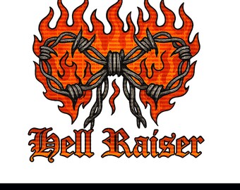 May include: A digital graphic featuring a barbed wire bow engulfed in flames. The text "Hell Raiser" is displayed in an ornate font below the bow. The bottom of the image reads "PNG DIGITAL DOWNLOAD".