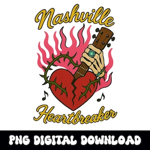 Edgy Nashville heartbreaker squelette enflammé coeur brisé png graphique téléchargement numérique pour sublimation de tshirt ou dtf