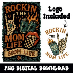 Maman yallternative avant-gardiste « rockin the mom life » squelette bouche langue design enflammé png téléchargement numérique graphique pour sublimation ou dtf