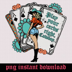 Cowgirl Vintage Retro Cowgirl türkis Ring Karten Pik Würfel Western png Landmädchen sofort digital download Wilder Westen Cowgirl Design