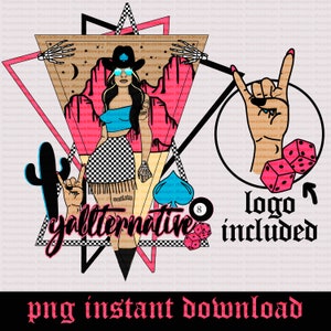 Yallternative Pink Wilder Westen Cowgirl Rock and Roll design PNG Kaktus Wüste Western-Shirt-Design Würfel 8 Ball Pik Retro Schädel
