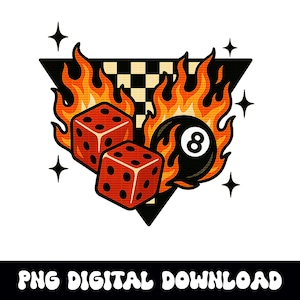 Trendige flammende Würfel 8ball karierte PNG Grafik SOFORTIGER digitaler Download für T-Shirt Sublimation oder dtf