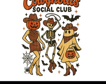 Op de afbeelding: Een digitale afbeelding met drie Halloween-personages: een pompoenhoofdige vrouw, een skeletcowboy en een spookcowboy. De tekst "Cowghouls Social Club" staat erboven. Vleermuizen, sterren en een spinnenweb maken het ontwerp compleet.
