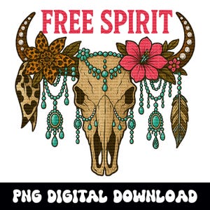Edgy Summer Western-stierschedel vrije geest hangende turquoise sieraden png-afbeelding digitale download voor tshirt-sublimatie of dtf