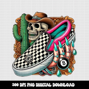 YALLTERNATIVE vans czaszka western punk edgy pustynia 8ball turkusowy kowbojka grunge design png cyfrowe pobieranie do sublimacji lub dtf